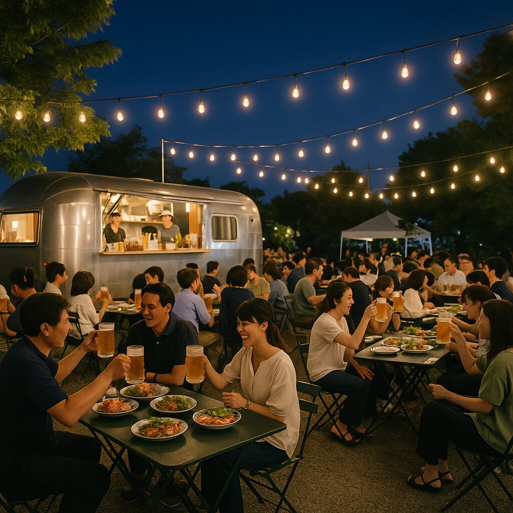 ベトナムのおかってがトレーラーカフェ銀色でビアガーデン