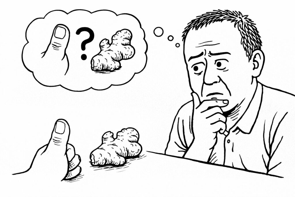 生姜のひとかけってどのくらいと悩むおじさん。