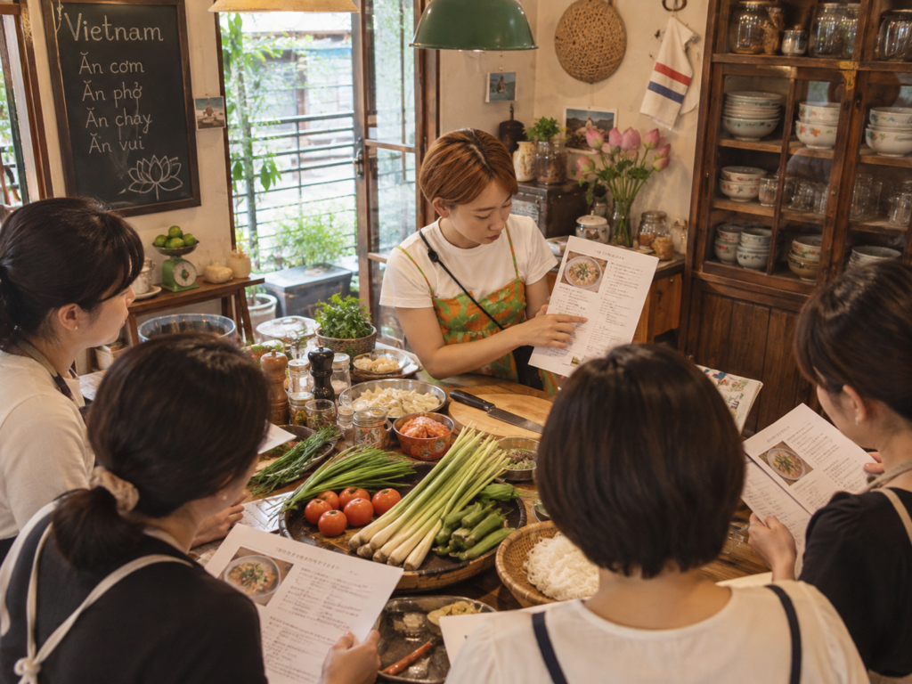 代々木と津田沼2拠点で開催するベトナム料理教室、ベトナムのおかってレッスン風景のイメージ。